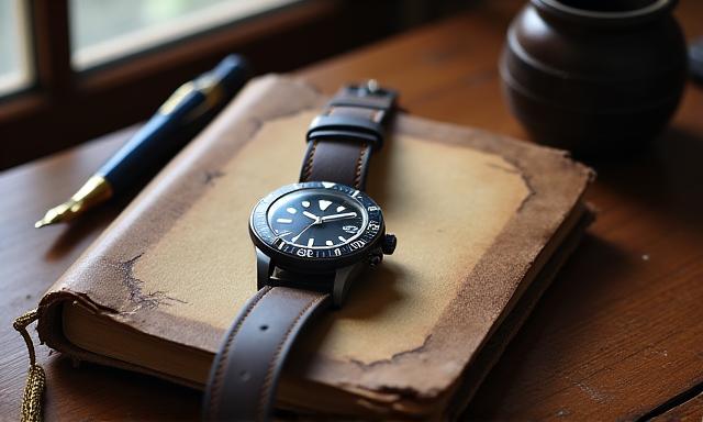 Watch on a desk, next to a notebook