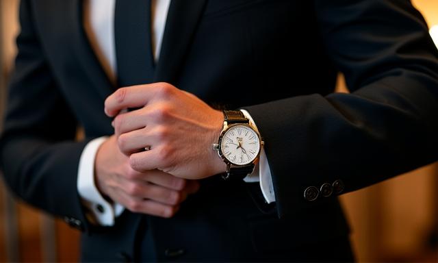 Stylish man wearing a dress watch with a suit