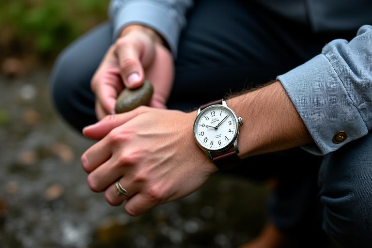 Lifestyle shot of a watch on a wrist in an outdoor setting, showcasing durability.